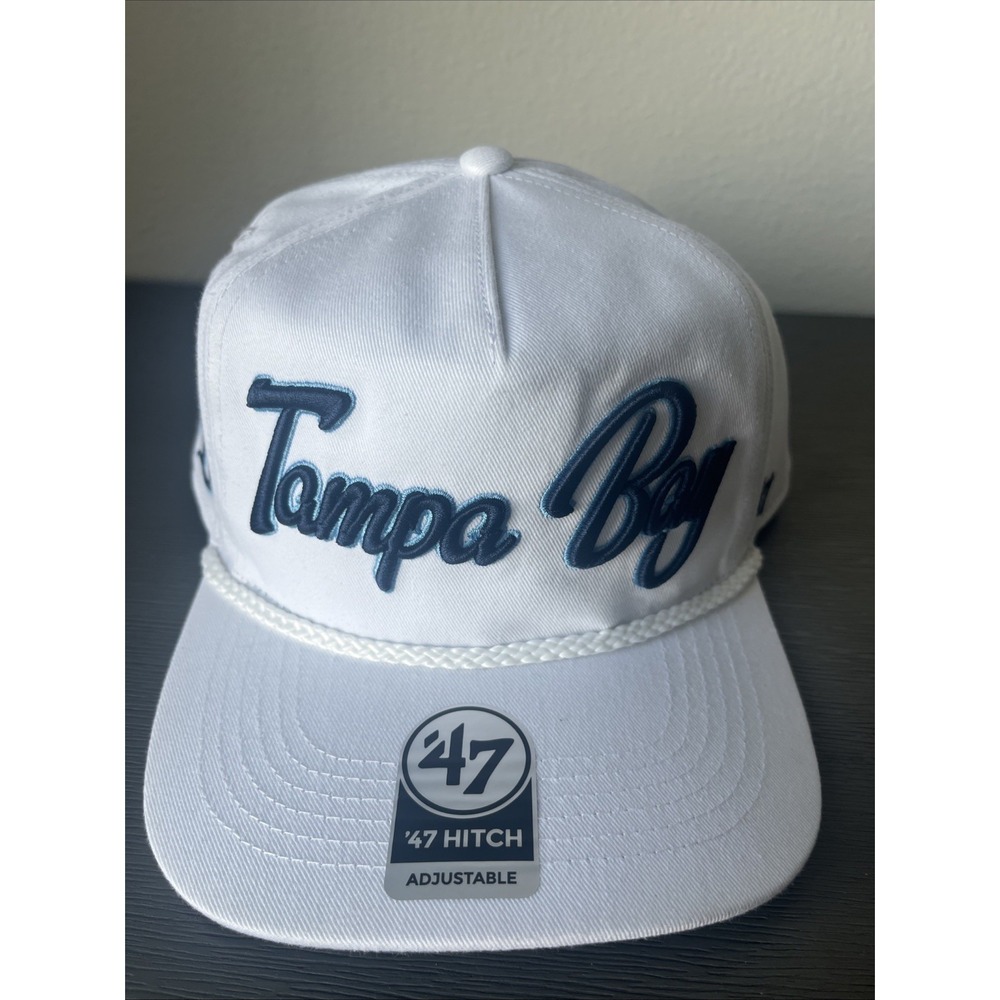 Tampa Bay Rays '47 Brand Hitch Mens White Overhand Script Rope Snapback Hat NWT
